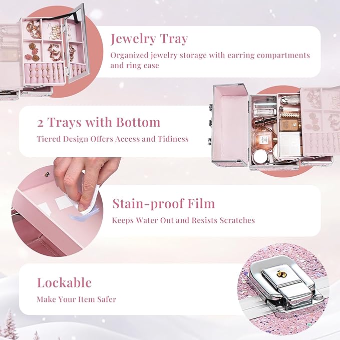 FRENESSA Makeup Case Organizer Portable Makeup Train Case Cosmetic Box with Mirror Jewerly Tray for Girls Nail Supplies Make Up Cases Organizers and Storage Kids Craft Case Pink