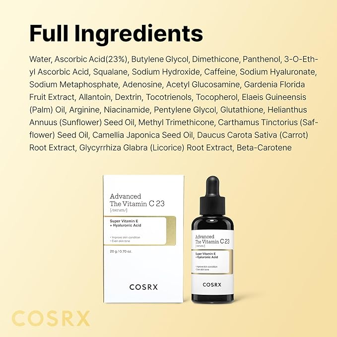 COSRX Advanced Pure Vitamin C 23% Serum with Vitamin E & Glutathione (Renewal), Korean Vitamin C Serum for Fine Lines, Uneven Skin Tone & Dull Skin, 0.7oz, Korean Skin Care
