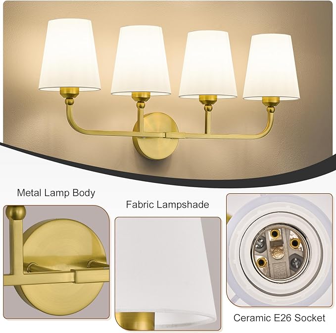 Bathroom Vanity Light, Brushed Gold Bathroom Light Fixtures, 4-Light Lighting Fixtures Over Mirror, Modern Wall Sconce with Flared White Fabric Shade, E26 Socket(ETL Listed)