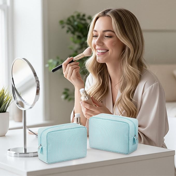 Sanwuta 6 Seersucker Cosmetic Bag Bulk Pinstripe Makeup Bag for Women Aesthetic Cute Travel Toiletry Organizer Preppy Storage Pouch for Wedding Bridesmaid Christmas Gift (Large,Mint Blue)