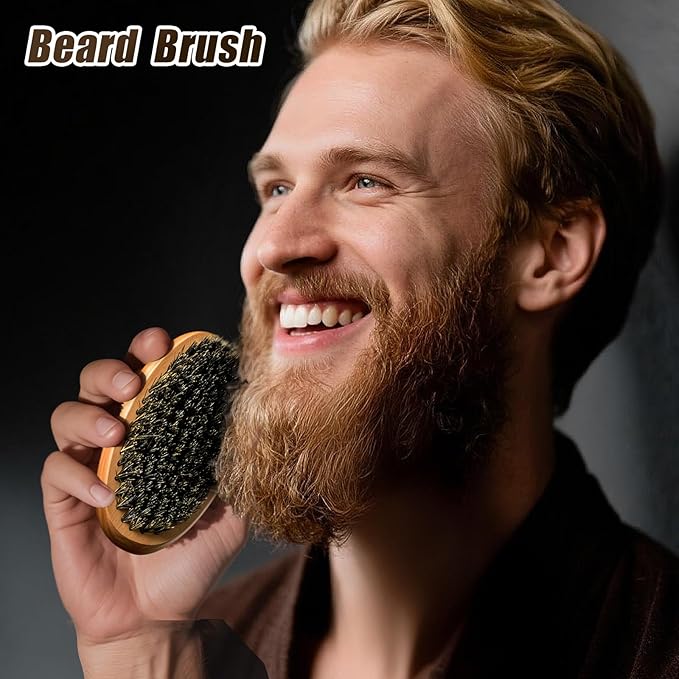Beard Brush Beard Comb Set for Men Dad: Beard Care Kit Mens Gifts, Natural Boar Bristle Brush Pear Wood Comb, Great for Travel Facial Hair Grooming as a Styling Tool, Growth, Detangles, Shine