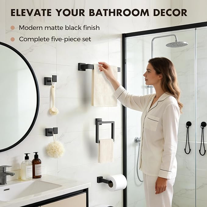Bathroom Accessories Towel Bar Set: 15 Pieces Matte Black Bathroom Hardware Square SUS304 Stainless Steel - Wall Mounted Towel Rack&Toilet Paper Holder&Towel Ring and Towel Hook
