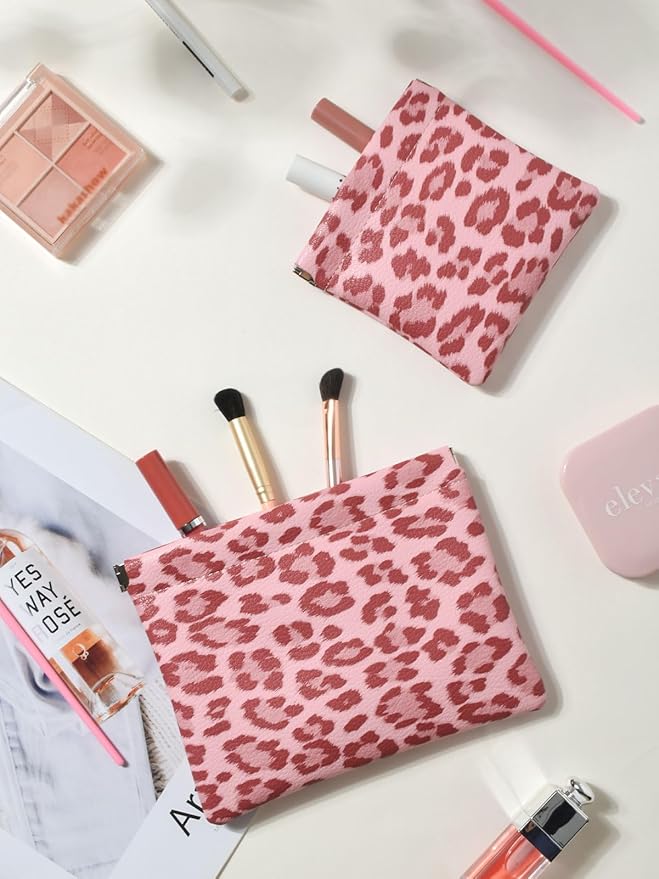 2 Leopard Leather Small Makeup Pouches Set for Women,Cosmetic Accessories,Waterproof and Portable Cosmetic Bags,Self-closing,No Zipper, Aesthetic Storage Pouch,Lipstick for Purse, Pink