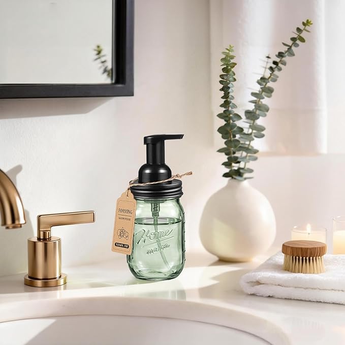 SheeChung 16Oz Mason Jar Foaming Soap Dispenser, Stainless Steel Lid, BPA Free Pump, Green Glass Foam Hand Soap Dispenser, Refillable Liquid Foam Dispenser Bottle for Bathroom Kitchen, Dish Soap-Black