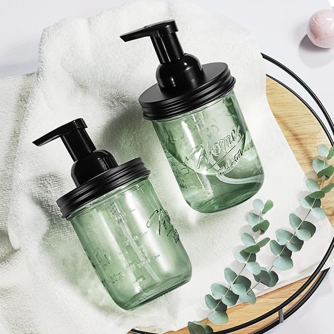 SheeChung Mason Jar Foaming Soap Dispenser, Stainless Steel Lid, BPA Free Pump, Green Glass Foam Hand Soap Dispenser, 16Oz Refillable Liquid Foam Dispenser Bottle for Bathroom Kitchen, Dish Soap-Black
