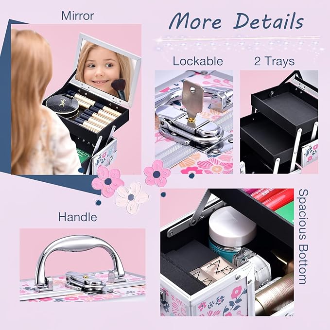 Joligrace Makeup Case for Girls Cosmetic Train Case Makeup Storage Box Jewelry Organizer Hair Accessories Lockable with Trays & Mirror Floral
