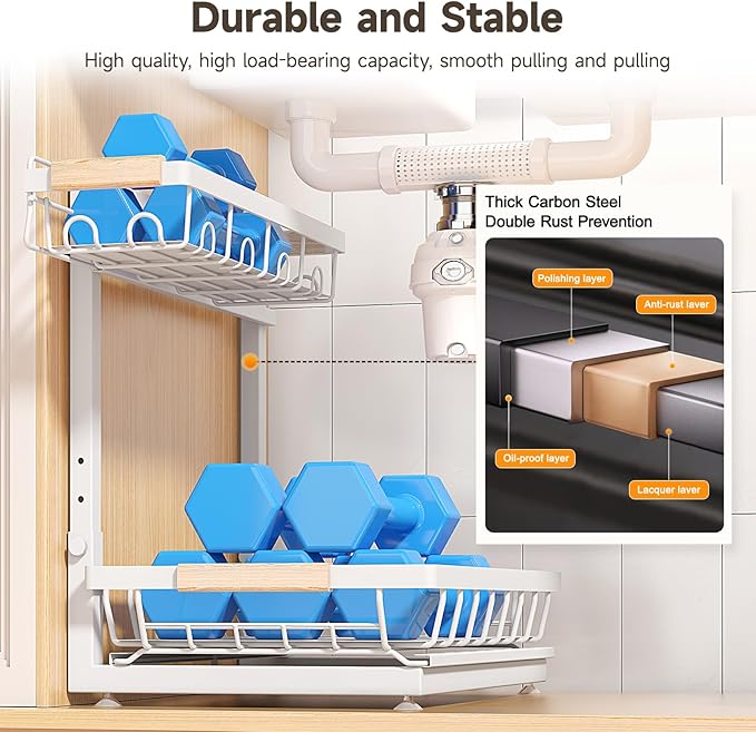 2 Packs Under Sink Organizer, Height Adjustable 2 Tier Under Kitchen Sink Organizer, Multi-Purpose Storage Shelf for Kitchen Bathroom Cabinet (White, Extra Large)