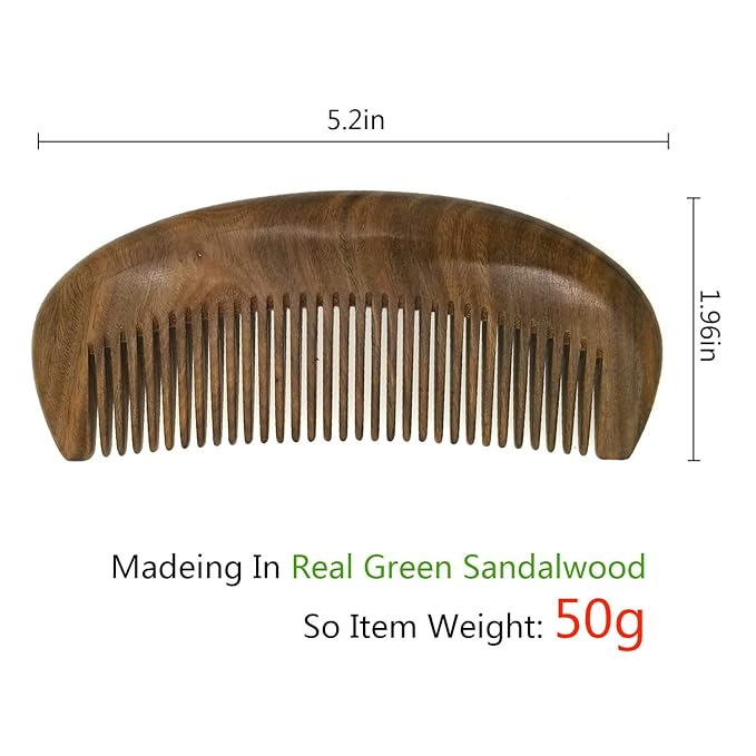 Real Natural Green Sandalwood Wooden Comb/Boutique Hair/Beard Pick Comb - NO SNAGS,NO STATIC,NO TANGLE (Standard tooth)