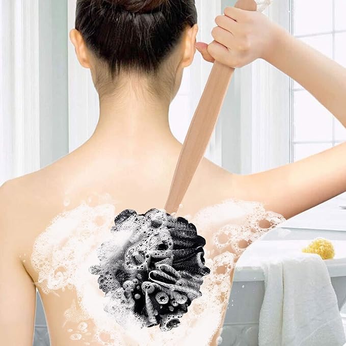 Black Loofah with Handle - Back Scrubber & Exfoliating Shower Sponge, PE Soft Mesh on a Wooden Stick for Men and Women