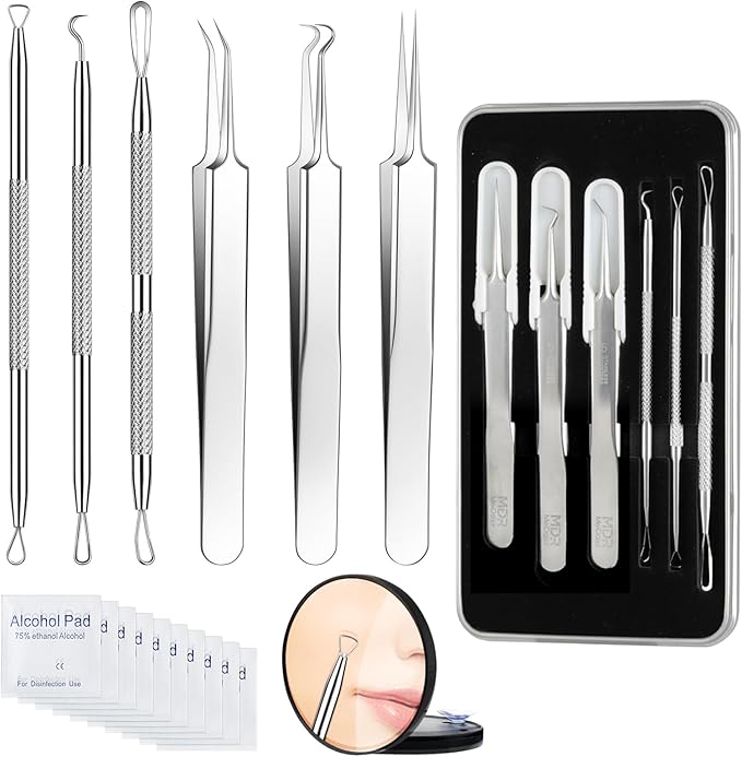 Pimple Popper Tool kit Blackhead Remover Comedone Extractor Kit with Box for Easily Remove blackheads, Acne, Blemishes, Whiteheads, pimples and Papules from the face and Bonus Gift -6pcs