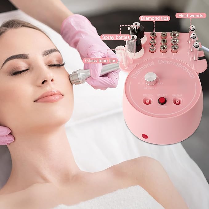 3 in 1 Diamond Micro DermaBrasion Machine,Mcwdoit Professional Dermabrasion Facial Skin Care Device with Wand, Spray Bottle and Vacuum Glass Tube for Personal Home Beauty Salon Use-Pink