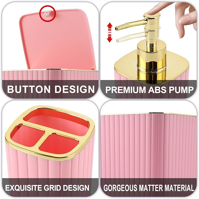 Pink Bathroom Accessories Set - Gorgeous Bathroom Set, 10PC Bathroom Accessory Set, Toilet Brush, Trash Can, Qtip Holder & Soap Dispenser