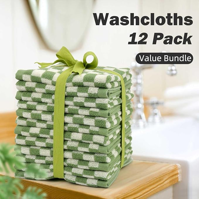 Jacquotha Wash Cloths Super Soft (Green Checkered), Wash Clothes 12 Pack Cotton Face Cloths for Washing Face Showering 13x13 Inches, Chrsitmas Gifts