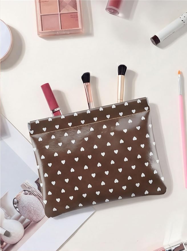 Hearts Leather Makeup Pouch Set for Women Small Make Up Bag for Purse Waterproof Initial Makeup Cosmetic Bags Pouches for Purse Aesthetic Travel Toiletry Bag,Coffee