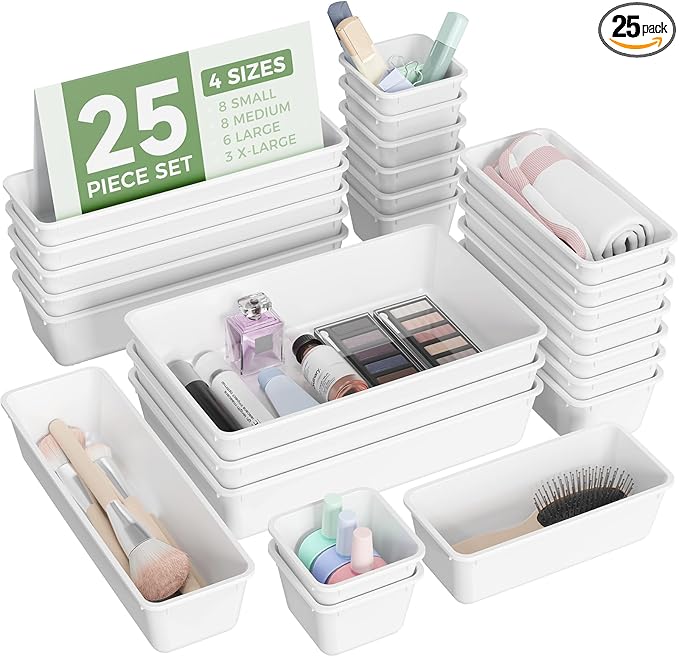 25 PCS Plastic Drawer Organizers Set, 4-Sizes Vanity and Makeup Organizer, Desk and bathroom Drawer Organizer Trays, Organizers and Storage for Makeup, Jewelry, Gadgets, Utensils (White)