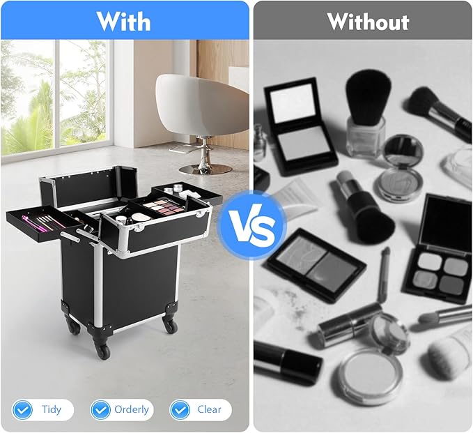 Professional Rolling Makeup Case with Retractable Handle, Aluminum Alloy Cosmetic Organizer with Locks & Wheels, Large Capacity Beauty Travel Case for Makeup Artists, Black