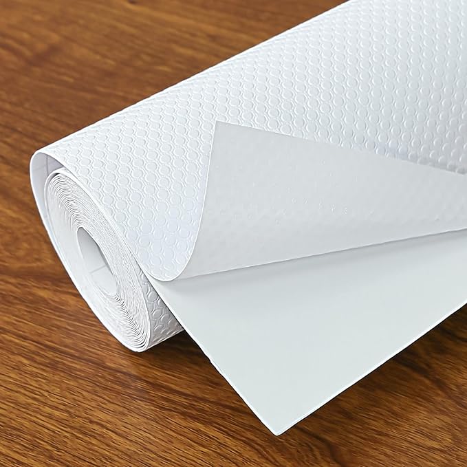 Hersvin Shelf Liners 24 in x 20 ft Self-Adhesive EVA Drawer Mats, Cupboard Protector, Kitchen Cabinet Lining Fridge Liner (White Flat Dot, 61x610cm)