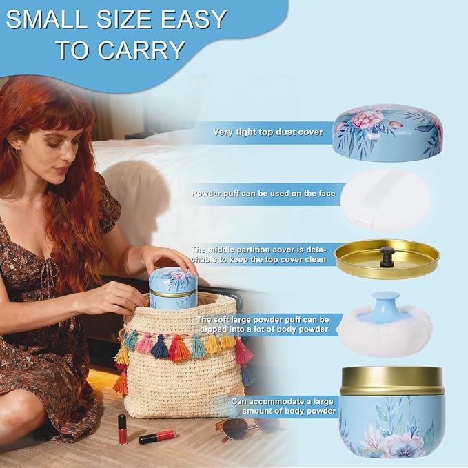 SHIMIDO Body Powder Puff and Container, 3.15" Portable Empty Body Powder Container for Baby Women's Loose Dusting Powder, Powder Case Box with Lids for Bath, Travel and Home Use (Big Flower)