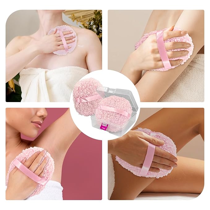 6'' Body Powder Puff 2-Pack with Storage Box – Oversize Soft Dusting Puff for Women, Fluffy Talcum Powder Applicator, Gentle Skin Care Puff for Post-Bath Use，Pink