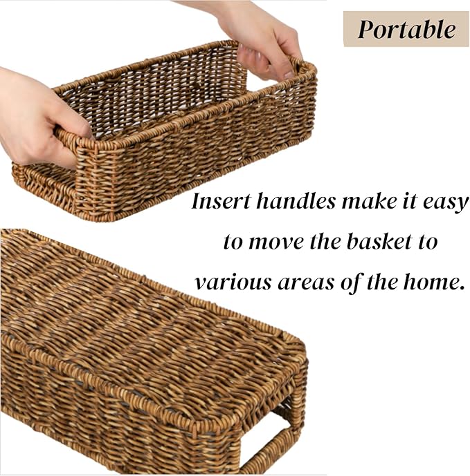 2 Pack Toilet Tank Basket, Handwoven Rectangular Wicker Shelf Baskets for Organizing, Decorative Countertop Storage Bin with Built-in Handle for Bathroom Tank Top, Bedroom Closet