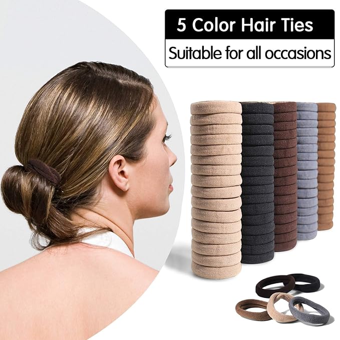 Bessrung 100 Pcs Thick Seamless Brown Hair Ties, Ponytail Holders Hair Accessories for Women Girls No Damage for Thick Hair Daily Use(Natural Colors)