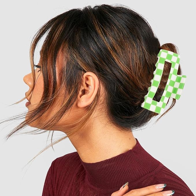 2 PCS Checkered Hair Claw Clips Green Non Slip Hair Jaw Clips Strong Hold Rectangle Hair Claw Multicolored Plaid Checkered Hair Clip Rectangle Hair Barrettes Hair Styling Accessories for Women Girls