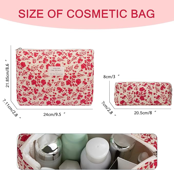 2PC Makeup Bag Set, Cute Cosmetic Bag for Women Girls, Floral Coquette Aesthetic Toiletry Bag, Travel Make Up Organizer Bag (Beverly)