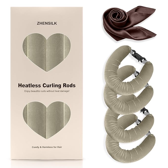 Heatless Hair Curler Set – 4PCS Velvet Overnight Blowout Rods for Heatless Curls, Jumbo Flexible Curling Rods to Sleep In, No Heat Curling Tools for Natural Waves and Curls Kahki