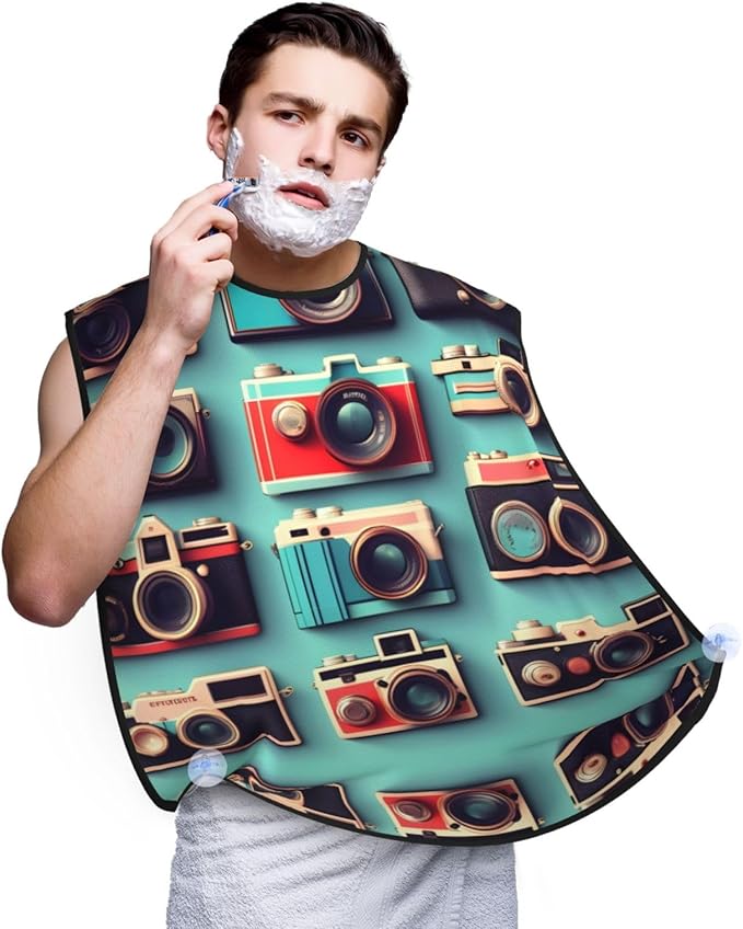 Retro Cool Camera Collection Print Beard Bib Apron For Men, Beard Hair Catcher For Men Shaving Trimming,Beard Cape Cloth, Black