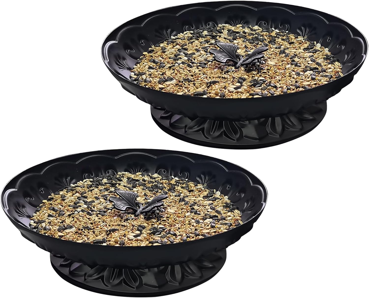 Ground Platform Bird Feeder Tray,11” Metal Large Standing Bird Feeder Mesh Seed Tray，for Outdoor Garden (Black-2 Pack)
