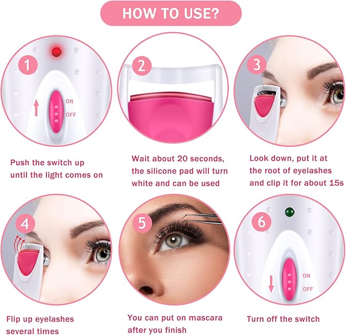 2 Pieces Heated Eyelash Curler Electric Eyelash Curlers Painless Safety Design with Double Silicone Curling Pad for Women Long Lasting Naturally Eyelashes (Pink)