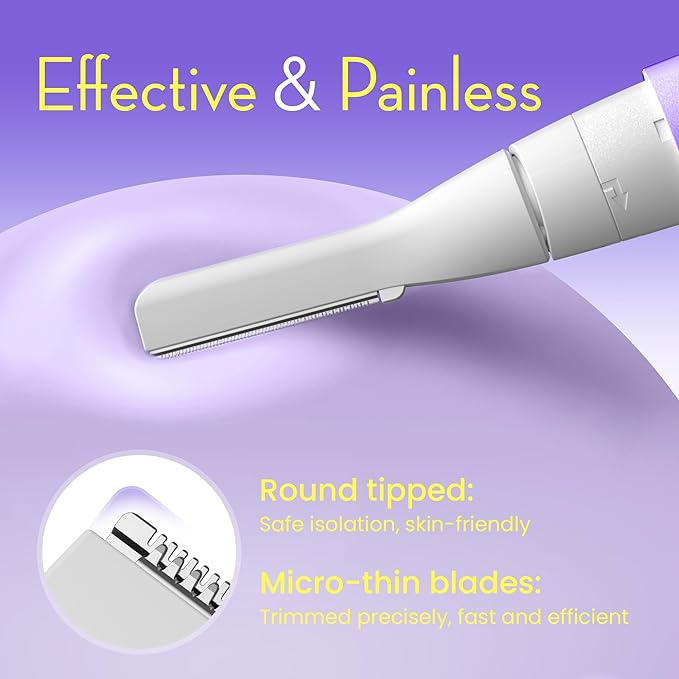 Facial Hair Removal for Women, Painless Eyebrow Trimmer with Pivoting Head, Electric Battery Operated Body Hair Remover with 2 Replaceable Blade for Face Neck Chin Bikini, Purple