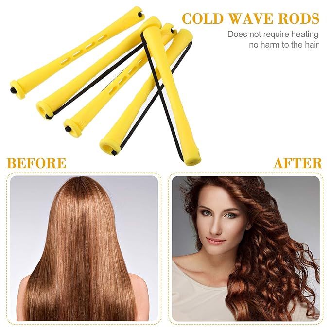 Chuangdi 24 Pcs Hair Perm Rods Plastic Cold Wave Perming Curlers Hair Rollers with Steel Pintail Comb Rat Tail Comb Tools for Hairdressing Styling(Yellow,0.28 Inches)