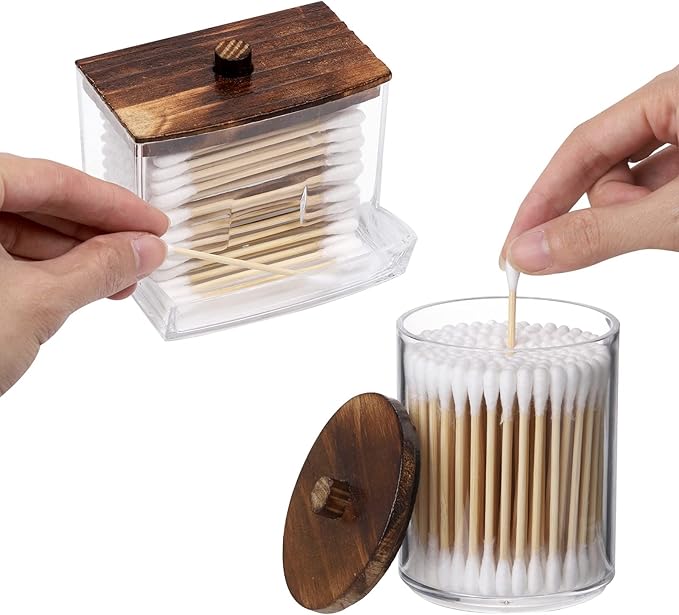 Tbestmax Qtips Holder Bathroom Container with Brown Wood Lids, 10/7 OZ Cotton Ball/Swabs Dispenser, Apothecary Organizer Jar for Storage 2 Pcs