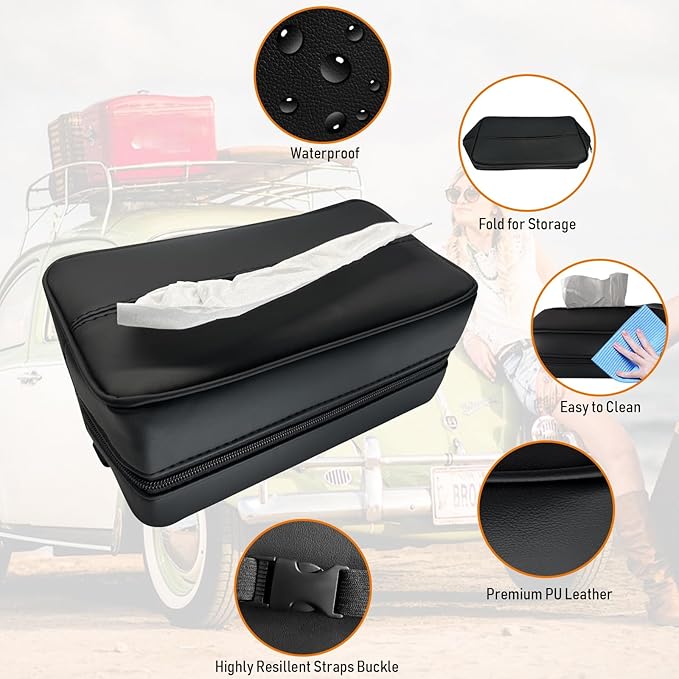 Large Car Tissue Holder for 120 Standard Tissues, Premium PU Leather Tissue Holder in Car Backseat Rectangular, Napkin Holder for Car Fits for Kleenex Tissues Box Daily Use Black (2, Black)