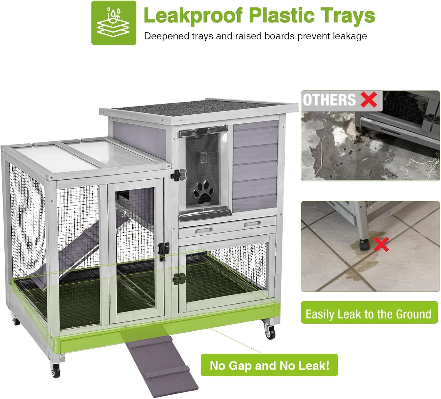GUTINNEEN Two-Story Rabbit Hutch Large Bunny Cage with Wire Mesh Floor, Leak-Proof Trays, Lockable Wheels for Indoor and Outdoor Use, 40.6" L x 26" W x 37.6" H