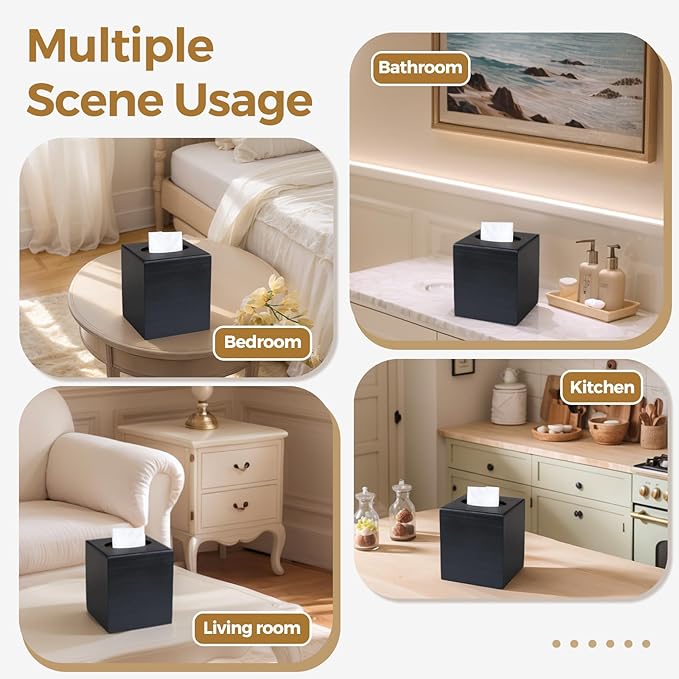 Wood Tissue Box Cover Square, Black Tissue Box Cover, Decorative Cube Facial Wooden Tissue Box Holder with Slide-Out Bottom for Bathroom, Bedroom, Dinner Table, Office, Kitchen