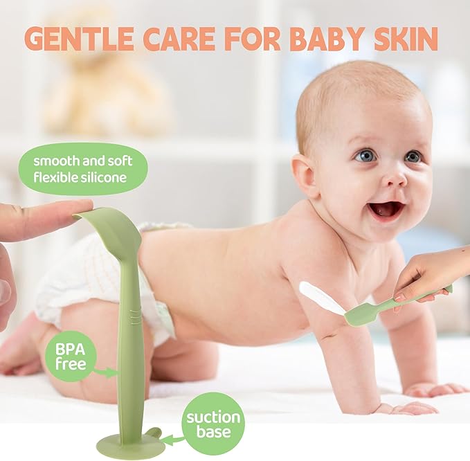 Baby Diaper Cream Spatula 3 Pack Diaper Spatulas Soft Silicone Diaper Cream Applicator Baby Butt Paste Spatula Brush with Suction Base,Full Size(Gray+Off-white+Green