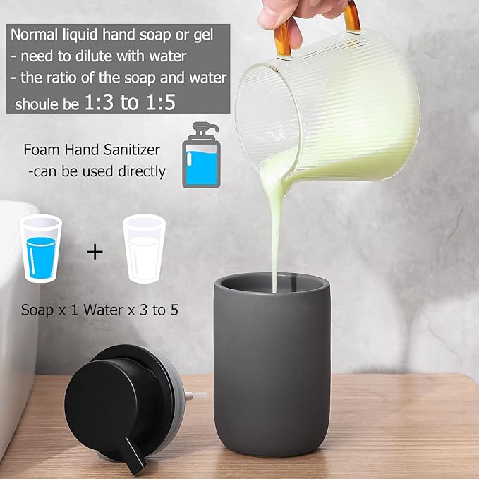 rejomiik Foaming Soap Dispenser Thick Ceramic Foam Hand Soap Dispenser for Bathroom or Kitchen Sink, Liquid Pump Bottles for Hand soap, Body Wash, Grey
