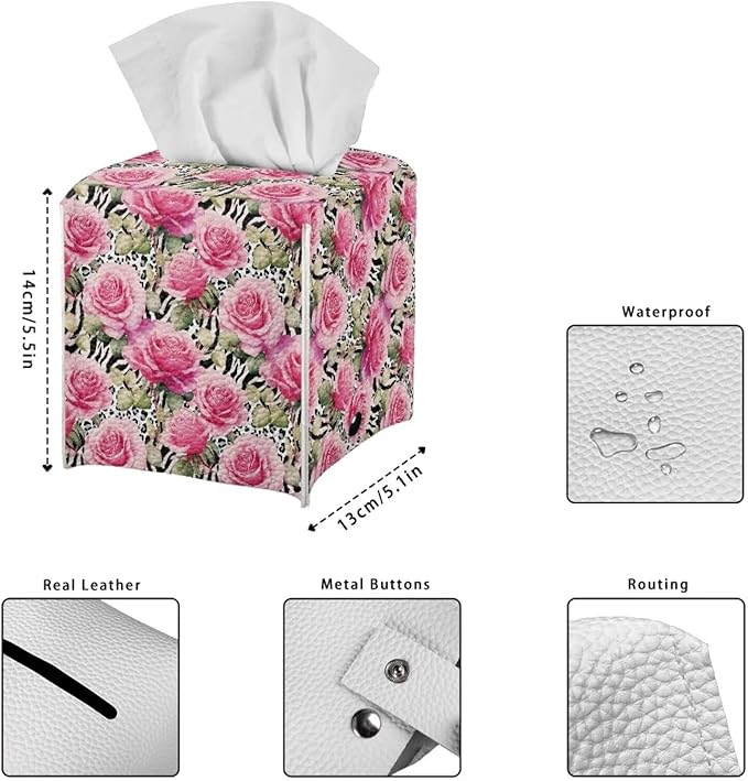 Rose Leopard Decorative Tissue Box Cover, Waterproof PU Leather Square Holder with Metal Button, Protective Napkin Case for Bathroom Countertop, Office Desk, and Car Interior