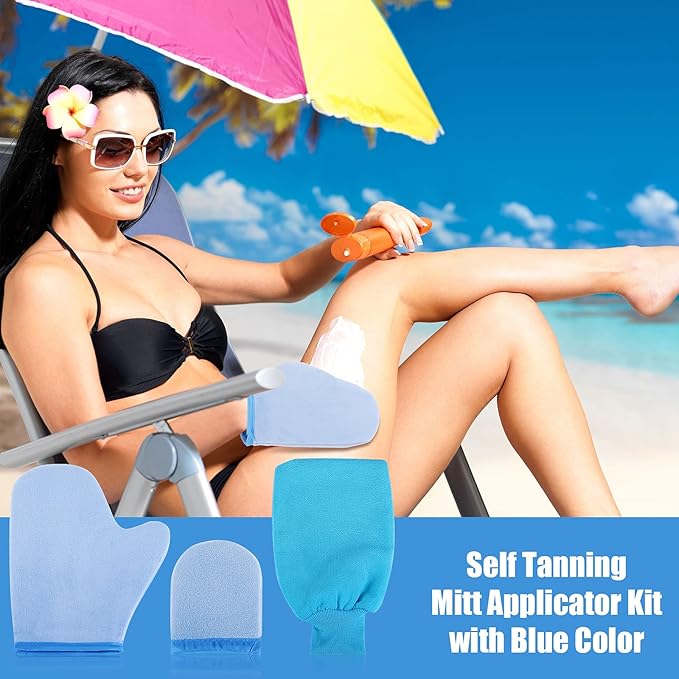 Boao 5 Pieces Self Tanning Mitt Applicator Kit, Includes Tanning Mitt, Exfoliating Glove, Mini Face Glove, Back Lotion Applicator, and Large Brush Makeup(Blue)