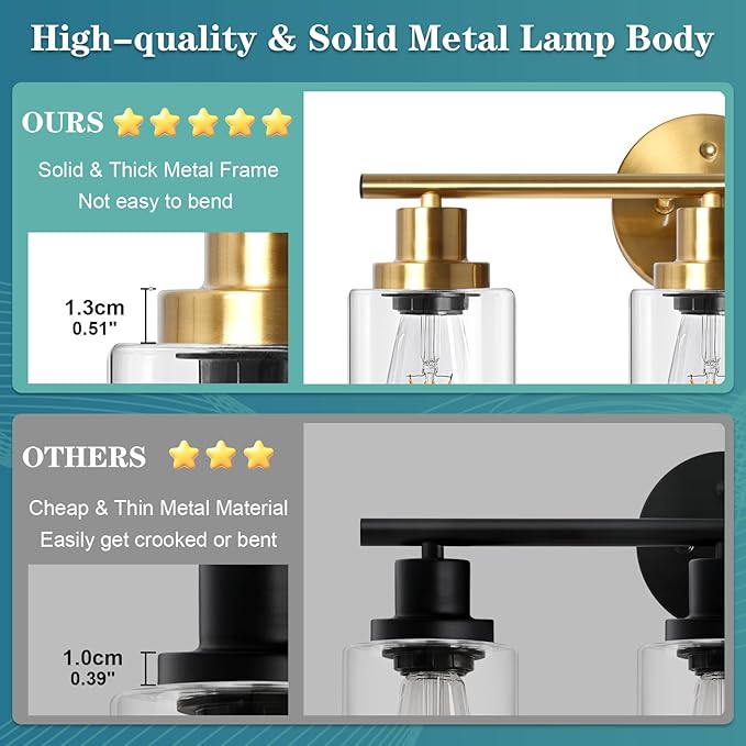 Unicozin Modern Bathroom Light Fixtures, 3 Light Vanity Lights, Gold Wall Lamp with Clear Glass for Bathroom, Mirror, Living Room, Bedroom, Hallway, E26 Base