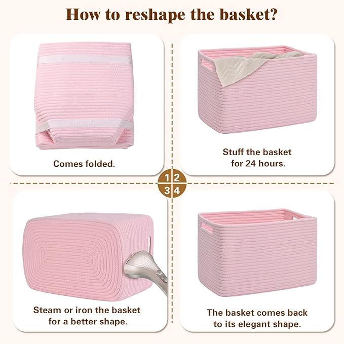 Storage Baskets for Organizing, 4 Pack Baskets for Shelves, Decorative Storage Bins for Shelves, Cotton Rope Storage Basket with Handles, Woven Basket for Storage, 13''Lx8.7''Wx7.9''H, Pink