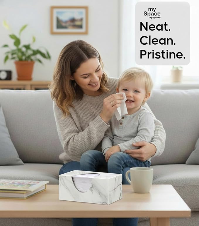 Tissue Box Cover Rectangle - Tissue Box Holder Rectangular - Compatible with Puffs - Acrylic Marble Bathroom Accessories Decor