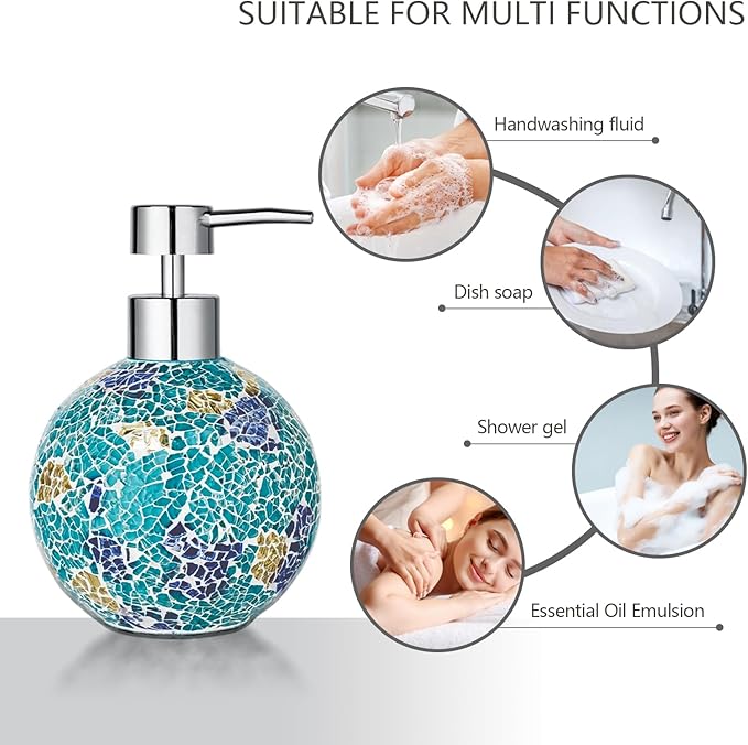 Handmade Blue Mosaic Glass Bathroom Accessory Sets 4PCS Bathroom Accessories Set Complete Includes Lotion Dispenser Toothbrush Holder Tumbler Cup & Vanity Tray