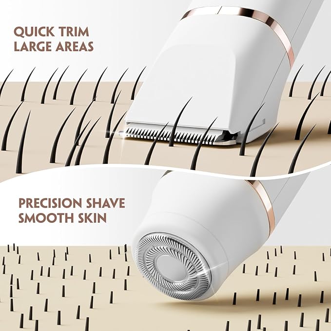 Bikini Trimmer for Women, Tiovara Painless Electric Razors Shaver IPX7 Waterproof Cordless Body Hair Trimmer Pubic Hair Removal with USB Charge Dock for Underarm Leg Arm Body Face Silk Skin (White)