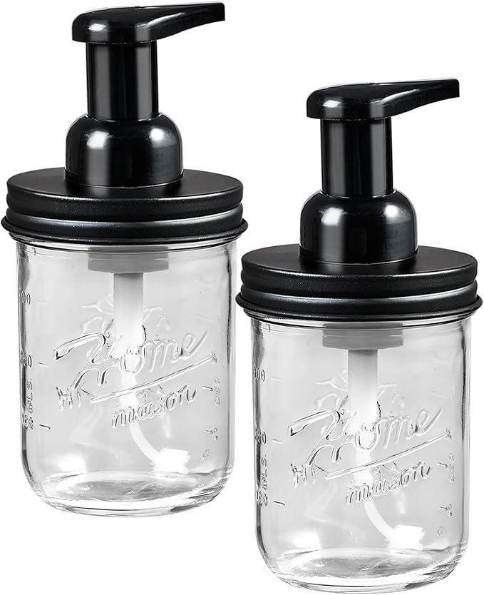 SheeChung Mason Jar Foaming Soap Dispenser, Glass Foaming Hand Soap Dispensers, Stainless Steel Lid, Refillable Foam Soap Dispenser for Bathroom Kitchen, Farmhouse Bathroom Decor (2 Pack, Black)