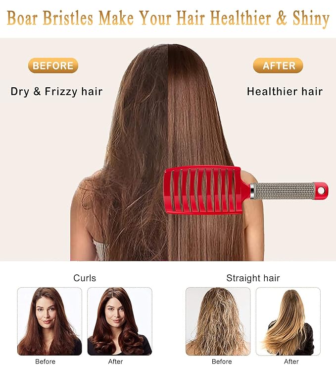 KTKUDY Detangling Hair Brush - Boar Bristle & Tangle-Free Design for Kids, Women, and Men - Perfect for Wet and Dry Hair - Smooth, Magical Pain-Free Styling (Red)