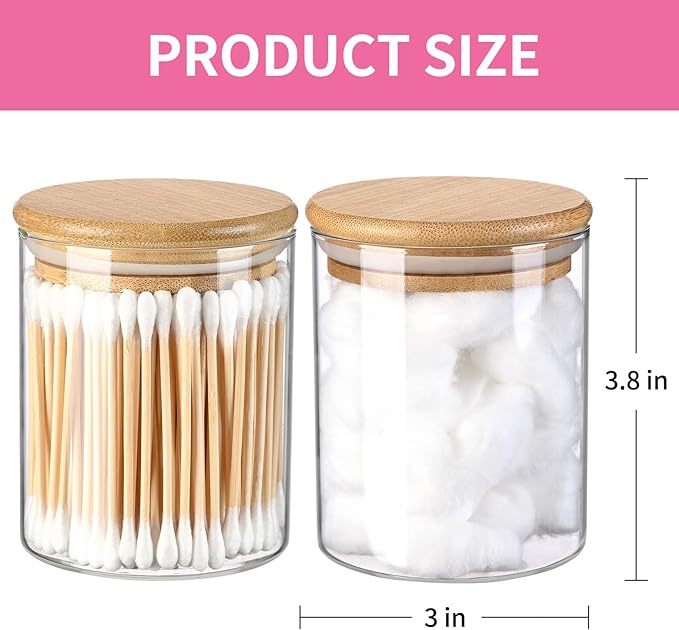 Glass Qtip Holder Dispenser with Bamboo Lid, 2 Pack Apothecary Jars with Lids, Cotton&Swab Apothecary Jars, Qtip Holder Bathroom Set for Countertop Bathroom Essentials Accessories Decor