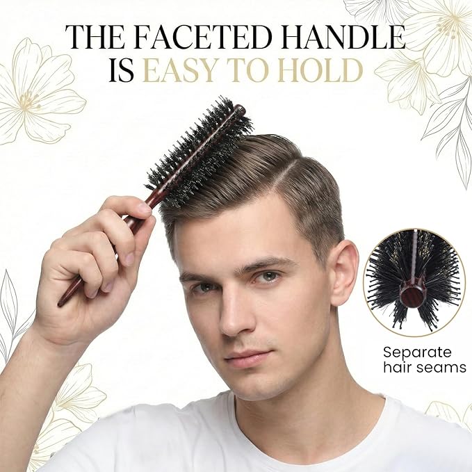 Roller Brush for Blow Drying, Natural Boar Bristle Round Brush Portable Mini Roller Hairbrush with Wooden Handle for Women Men's Beard Fine Thin Hair Straightening Curling Volumizing Detangling